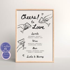 Letrero de menú de bar de bodas / Plantilla editable de Canva para brindar por el amor / Ilustraciones divertidas y modernas en blanco y negro con garabatos dibujados a mano / XTRA