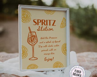 Mall för Spritz Station-skylt | Kärlek vid första Spritz Canva-barmeny, redigerbar cocktailskylt | Möhippa, Italien-tjejresa, handritad SPR2