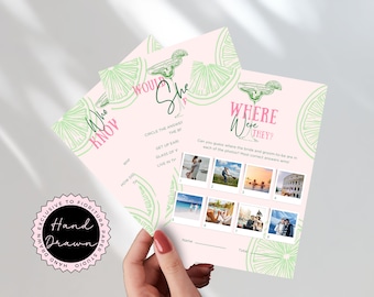 Margs & Matrimony Bachelorette-pakket met spelsjablonen | Activiteitenbundel vrijgezellenfeest Leuk bewerkbaar handgetekende Margarita roze groen | MARG1