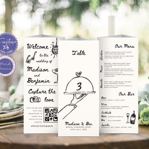 Trifold Wedding Menu Table Number Card, Canva Template, Capture the Love QR Code, Black White Whimsical Hand-Drawn Trifold Place Card, CAS1