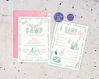 Camp Birthday Party Invitation & Packing Checklist Editable Canva Template | Cute Hand-Drawn Pink Green Backyard Sleepover Camp Out | CAMPB1