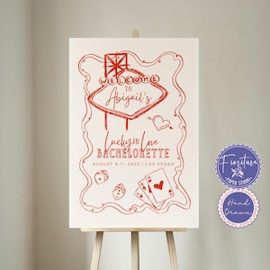 Lucky in Love Vegas Bevor Vows Bachelorette Party Willkommensschild, bearbeitbare Canva-Vorlage, lustige rote handgezeichnete gewellte Grenze 24x36 VETAS1