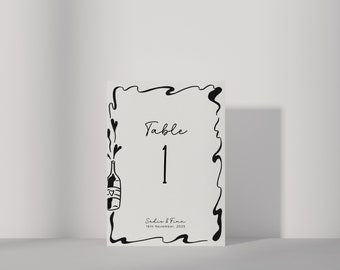 Champagne scribble Table number for wedding | Canva Template | Retro vintage wavy border | Champagne tower | hand drawn unique design | C1