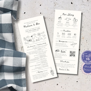 Fun Fact Hochzeitsprogramm & Infografik-Karte | Doppelseitig Schwarz Weiß | Handgezeichnete, wunderliche bearbeitbare Canva-Vorlage Order of Service, CAS1