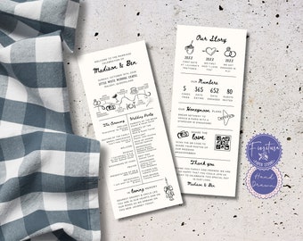 Fun Fact Hochzeitsprogramm & Infografik-Karte | Doppelseitig Schwarz Weiß | Handgezeichnete, wunderliche bearbeitbare Canva-Vorlage Order of Service, CAS1