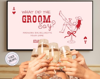 What did the Groom say Bachelorette Party Slideshow | Reckless in Texas Party Trivia Game | Last Rodeo Game | Canva PowerPoint Template COW2