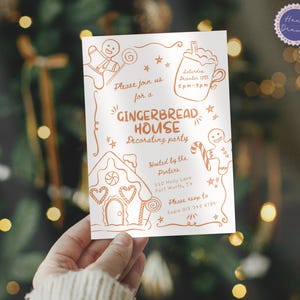 Bearbeitbare handgezeichnete Weihnachtsfeiereinladung, wunderliche lustige Lebkuchen-Hausdekorationsfeier einladen, Weihnachtsfeiertags-Canva-Vorlage, fröhlich