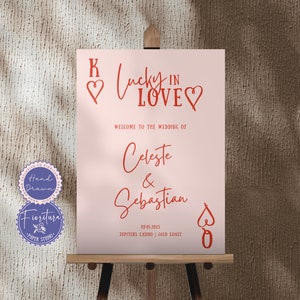 Plantilla de letrero de bienvenida para bodas con naipes / Canva editable e imprimible, ilustraciones divertidas y divertidas dibujadas a mano con la suerte en el amor en rosa y rojo, LUC1