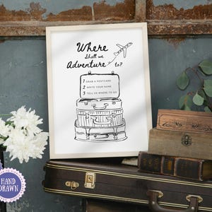 Wohin soll die Reise gehen? Bearbeitbar & PDF Hochzeitsschild | Gästebuch | Canva Vorlage | Handgezeichnetes, wunderliches Koffer-Gekritzel | EXTRA