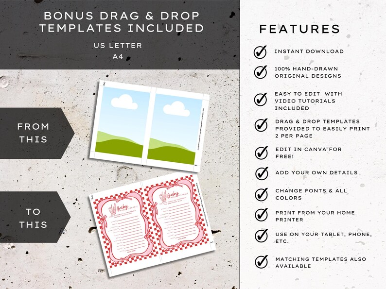 She’s Ready to Pop Baby Shower games suite – 50s Soda Pop-Inspired Canva games Templates. 20 games included. These games are a charming and playful way to entertain guests at a bubbly baby bash. Designed in a retro 1950s soda pop shop style, they feature whimsical hand-drawn details of a bottle of Cola, glass of pop & a dirty soda, with a wavy pink & red border tied with bows on a red & white chequered background. Retro vintage style whimsical fonts are also used. Gender-neutral baby shower