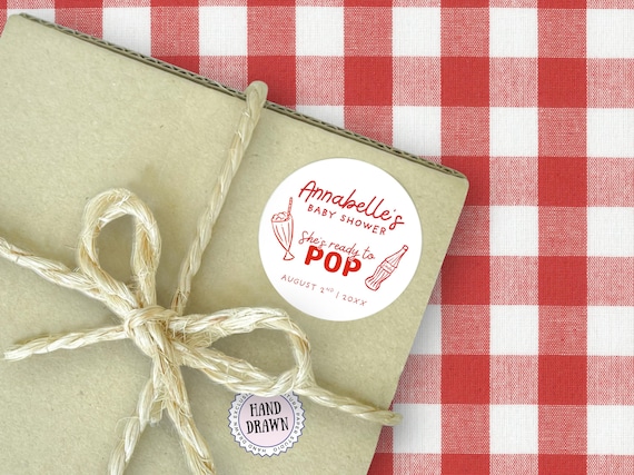 She's Ready to Pop Baby Shower Round Sticker Label | Printable Canva Template | Pink & Red Hand-Drawn 50s Style Soda Pop Favor Sticker, POP1
