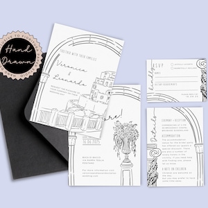 Elegantes italienisches Hochzeitseinladungs-Angebot | Handgezeichnete bearbeitbare Vorlage | Black & White Whimsical Positano Küste, die AMORE1 ist