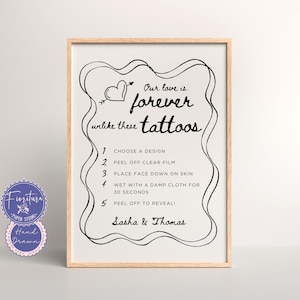 Station de tatouage temporaire, plaque de mariage pour table, modèle de toile modifiable, illustration amusante de gribouillis dessinés à la main, bordure ondulée noir blanc XTRA