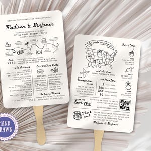 Modèle de fan de programme de mariage infographique avec chronologie | Carte et photos QR code, commande de service CAS1 amusante, modifiable et fantaisiste dessinée à la main