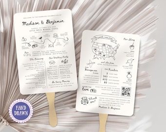 Infografik Hochzeitsprogramm Fächer Vorlage mit Zeitleiste | Karte und Fotos QR-Code, Spaß, handgezeichnet, wunderlich bearbeitbar Canva Servicenummer CAS1