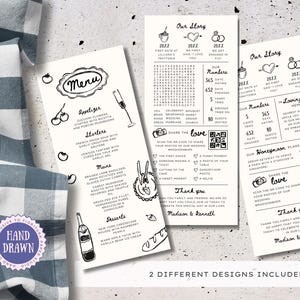 Fun Fact Hochzeitsmenüvorlage & Infografikkarte | Lässige elegante einfache handgezeichnete Kritzel Illustrationen, Empfang Abendessen, bearbeitbar CAS1