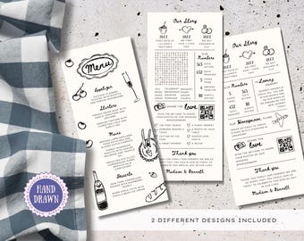 Fun Fact Wedding Menu Template & Infographic Card | Casual Elegant Simple Hand-Drawn Scribble Illustrations, Reception Dinner, Editable CAS1