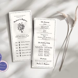 Hand Drawn Wedding Program Template | Double-sided Black White, Whimsical Fun Editable Canva Template Order of Service & Timeline, 4x9, PRE1