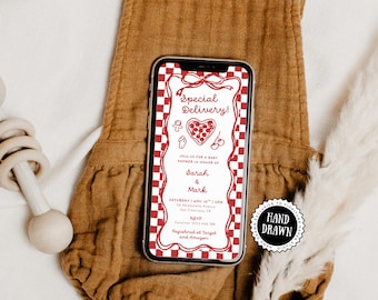 Special Delivery Pizza Baby Shower Invitation Phone Template, Red White Hand-Drawn Italian Style Invite, Gender Neutral Printable, PIZ3