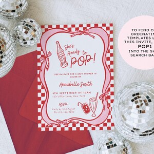 She’s Ready to Pop Baby Shower Welcome Sign – 50s Soda Pop-Inspired Canva Template. This Baby Shower Sign Template is a charming and playful way to welcome guests to a bubbly baby bash. Designed in a retro 1950s soda pop shop style, it features whimsical hand-drawn details of a bottle of Cola, glass of pop & a dirty soda, with a wavy pink & red border tied with bows on a red & white chequered background. Retro vintage style whimsical fonts are also used. Gender-neutral baby shower. 18x24, 20x30