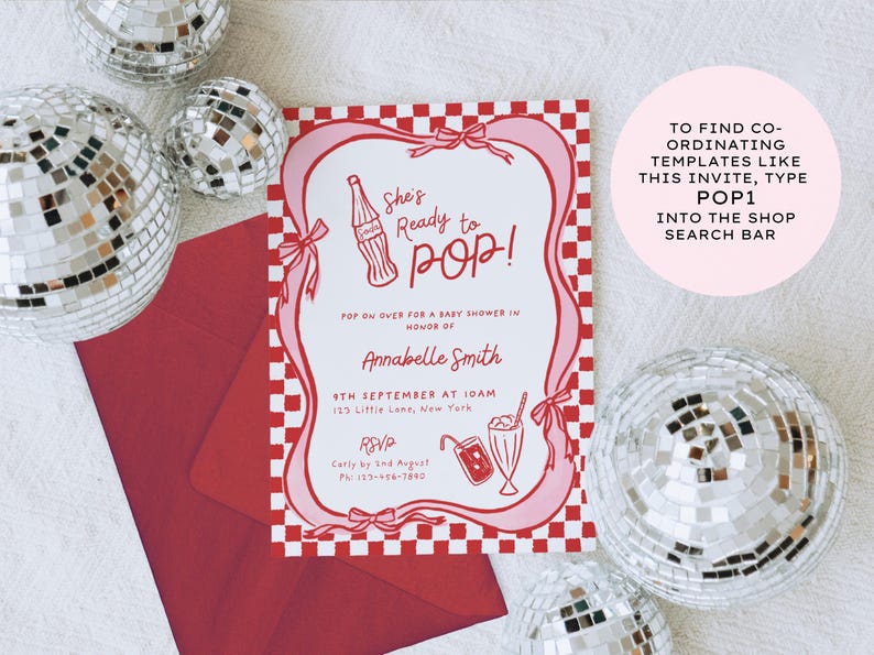 She’s Ready to Pop Baby Shower Welcome Sign – 50s Soda Pop-Inspired Canva Template. This Baby Shower Sign Template is a charming and playful way to welcome guests to a bubbly baby bash. Designed in a retro 1950s soda pop shop style, it features whimsical hand-drawn details of a bottle of Cola, glass of pop & a dirty soda, with a wavy pink & red border tied with bows on a red & white chequered background. Retro vintage style whimsical fonts are also used. Gender-neutral baby shower. 18x24, 20x30