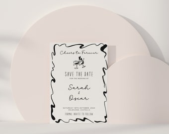 Champagner Cheers to Forever Save the Date | Canva Template | Handgezeichnete Kunst | Champagner Turm Invite | Hochzeitseinladung | Schwarz & Weiß C1