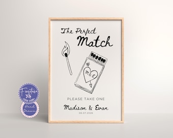 The Perfect Match Wedding Favor Sign Template | Edit in Canva | Black & White Fun Hand-Drawn Whimsical Matchbox Scribble Illustration | XTRA