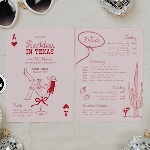 Puede incluir: Una invitación rosa y roja para una despedida de soltera en Texas. La invitación presenta una carta de juego con un as de corazones, una mujer con un sombrero de vaquero y una copa de margarita. El texto de la invitación dice "Let's Get Reckless in Texas for Madison's Bachelorette Weekend, Austin, Texas, August 9th".