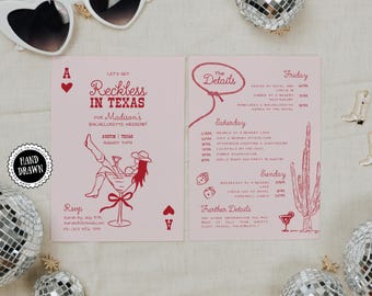Reckless in Texas Bachelorette Party Invitation & Weekend Itinerary, Last Rodeo, Cowgirls Cocktails, Fun Hand-Drawn Editable Template, COW2