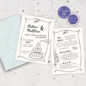 Modello di invito di nozze bifacciale con dettagli e RSVP inclusi, torre di champagne disegnata a mano, illustrazioni uniche e carine, CAS1