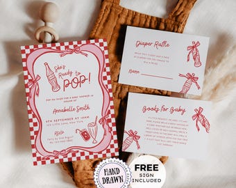 She's Ready to Pop Baby Shower Invitation Template Suite, Pink & Red Hand-Drawn 50s Soda Pop style Books for baby, Diaper raffle sign POP1
