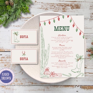 Plantillas editables de menú y tarjetas de ubicación para la fiesta de fin de año / Navidad campestre divertida y caprichosa dibujada a mano / Cena de fiesta en rojo y verde / Feliz