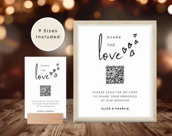 Minimal Share the Love photo sign with QR Code | Editable Template | Easily Edit in Canva | Capture the Love | Guest photo sharing sign