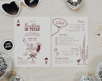 Hand-Drawn Reckless in Texas Bachelorette Party Invitation Template & Weekend Itinerary | Last Rodeo | Cowgirls Cocktails, Fun Western, COW2