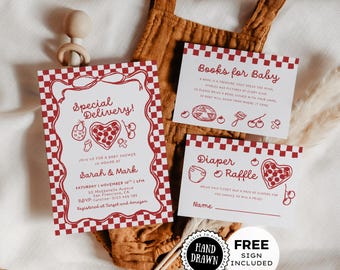 Livraison spéciale pizza baby shower inviter suite modèles, damier rouge blanc, style italien dessiné à la main, enseigne de tombola de couches imprimables, PIZ3