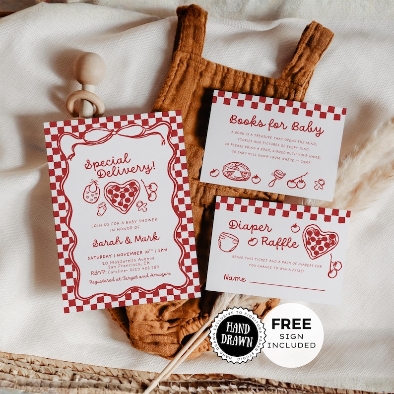 Pizza Raffle Box Special Delivery Pizza Baby Shower Invite Suite Templates, Red White ...