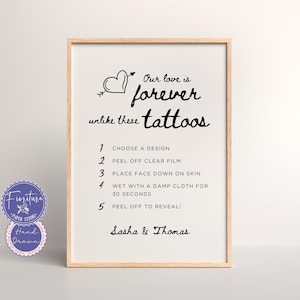 Temporäres Tattoo Station Hochzeitsschild für den Tisch, bearbeitbare Canva-Vorlage, lustige handgezeichnete Kritzel-Illustration, schwarz weiß minimalistisch, XTRA