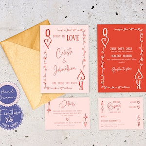 Spielkarten Hochzeitseinladung Set bearbeitbare Vorlage, Lucky in Love, wunderlicher Spaß Vegas handgezeichnete Illustrationen, rosa roter gewellter Rand, LUC1