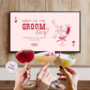Editable cowgirl pink & red "Reckless in Texas" themed "What did the Groom say?" Bachelorette digital slideshow trivia game for a brides "last rodeo". Add the groom's video responses to the questions for an interactive experience. Play as a PowerPoint style slideshow in Canva or download and play on your TV or send to your guests' phones. Features a hand-drawn images of a cowgirl in a cocktail glass with Ace of hearts symbols & western style fonts. Free Guest scorecard & extra questions included