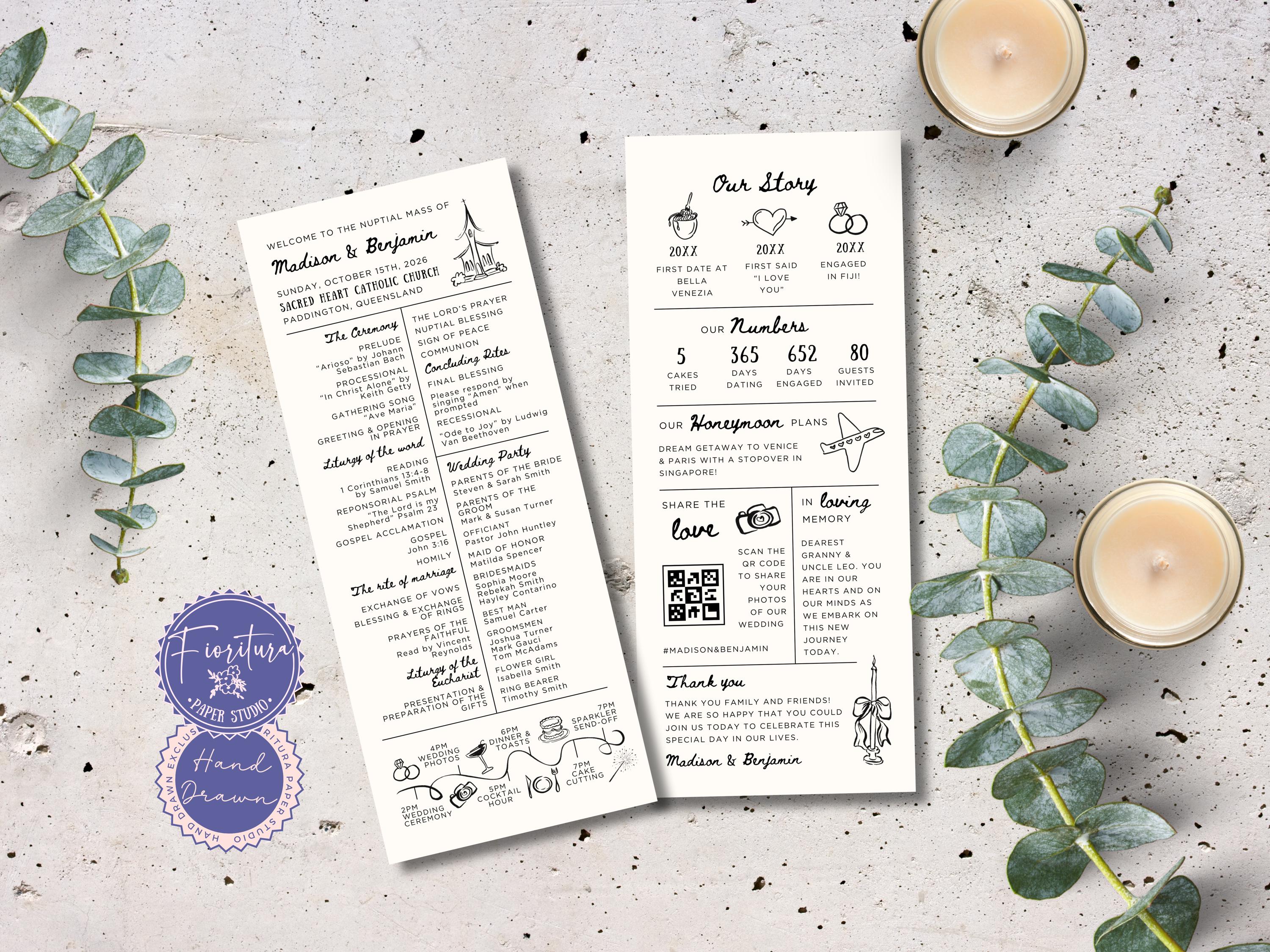 Catholic Wedding Mass Program & Infographic Card Template | Double-sided Black White | Hand-Drawn Whimsical Editable Order of Service | CAS1