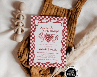 May include: A baby shower invitation with a red and white checkered border and the words "Special Delivery!" The invitation includes the names "Sarah & Mark" and event details. A wooden rattle and a brown baby romper are also in the image.