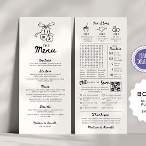 Infographie et modèle de menu de mariage Faits amusants | Coquette élégante dessinée à la main à la cerise et aux cerises | Dîner de réception | Monogramme modifiable, CAS2