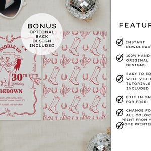 Saddle up with a Wild Western Hoedown Themed 30th Birthday Party Invitation. Features Red hand-drawn images of a cowgirl sitting in a cocktail glass with boots & hat, holding a cocktail with one boot in the air on a cream background. The edges of the invitation have a wavy rope border with hands holding cocktails and a horseshoe. Optional back design included with a repeating pattern of cowboy boots, horseshoes & cactus. Perfect for a cocktail party, Barn or Line dance or informal gathering
