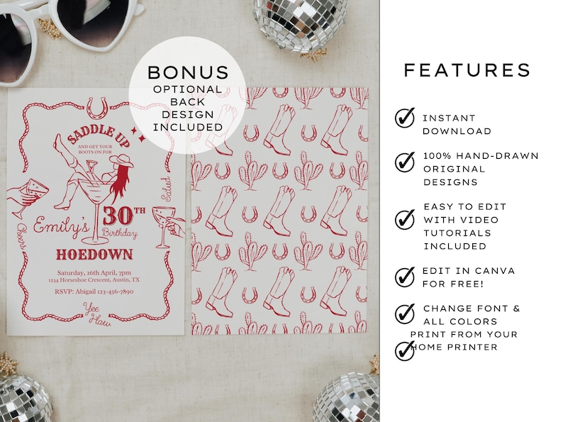 Saddle up with a Wild Western Hoedown Themed 30th Birthday Party Invitation. Features Red hand-drawn images of a cowgirl sitting in a cocktail glass with boots & hat, holding a cocktail with one boot in the air on a cream background. The edges of the invitation have a wavy rope border with hands holding cocktails and a horseshoe. Optional back design included with a repeating pattern of cowboy boots, horseshoes & cactus. Perfect for a cocktail party, Barn or Line dance or informal gathering
