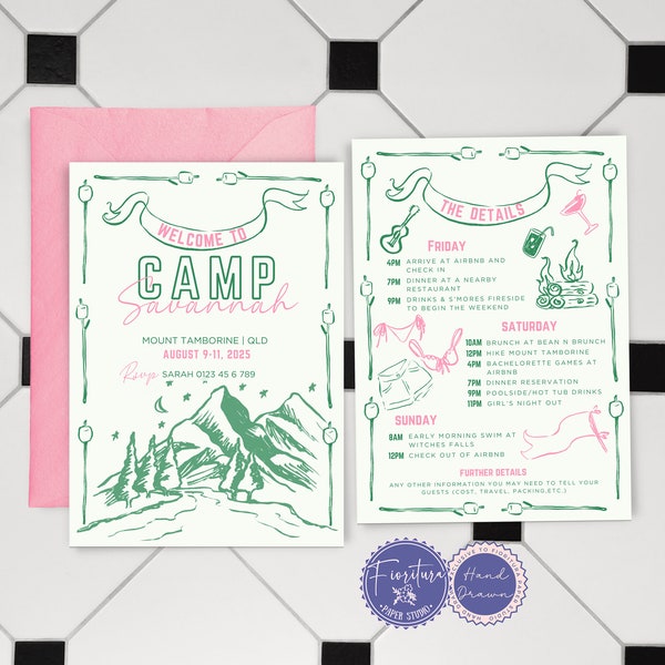 Camp Bachelorette Party Invitation & Weekend Itinerary Printable Template, Whimsical Hand-Drawn Pink Green Hens Last Trail Before Veil CAMP1