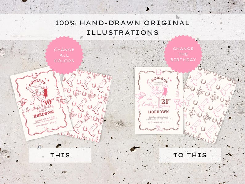 Saddle up with a Wild Western Hoedown Themed 30th Birthday Party Invitation. Features Red hand-drawn images of a cowgirl sitting in a cocktail glass with boots & hat, holding a cocktail with one boot in the air on a cream background. The edges of the invitation have a wavy rope border with hands holding cocktails and a horseshoe. Optional back design included with a repeating pattern of cowboy boots, horseshoes & cactus. Perfect for a cocktail party, Barn or Line dance or informal gathering