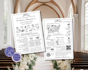 Wedding Program with Fun Facts Infographic, Map & Timeline | Black White Hand-Drawn Bow Border | Canva Template | 5x7 Order of Service, BOW1