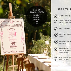 Yee-Haw and Saddle up with a Wild Western Hoedown Themed 40th Birthday Party Welcome Sign Template. It features pink & brown hand-drawn images of a cowgirl sitting in a cocktail glass with boots & hat, holding a cocktail with one boot in the air on a cream background with a wavy rope border & desert landscape. Use for a cocktail party, Barn, Line dance or informal gathering with a modern Southwestern Vibe. Editable & Customisable in Canva. Included 24 x 36, 18 x 24, 20 x 30, A1 and A2 sizes