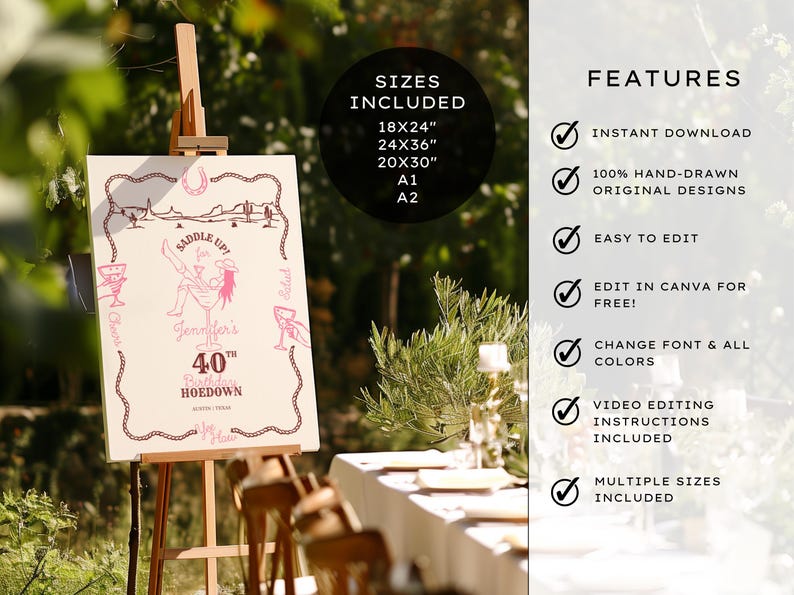 Yee-Haw and Saddle up with a Wild Western Hoedown Themed 40th Birthday Party Welcome Sign Template. It features pink & brown hand-drawn images of a cowgirl sitting in a cocktail glass with boots & hat, holding a cocktail with one boot in the air on a cream background with a wavy rope border & desert landscape. Use for a cocktail party, Barn, Line dance or informal gathering with a modern Southwestern Vibe. Editable & Customisable in Canva. Included 24 x 36, 18 x 24, 20 x 30, A1 and A2 sizes