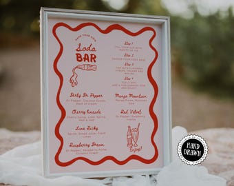Soda Bar Sign Template Instructions & Recipes, Fun Modern Customisable Non-alcoholic Drinks menu, Red Hand-Drawn Scribble, Wavy Border, XTRA